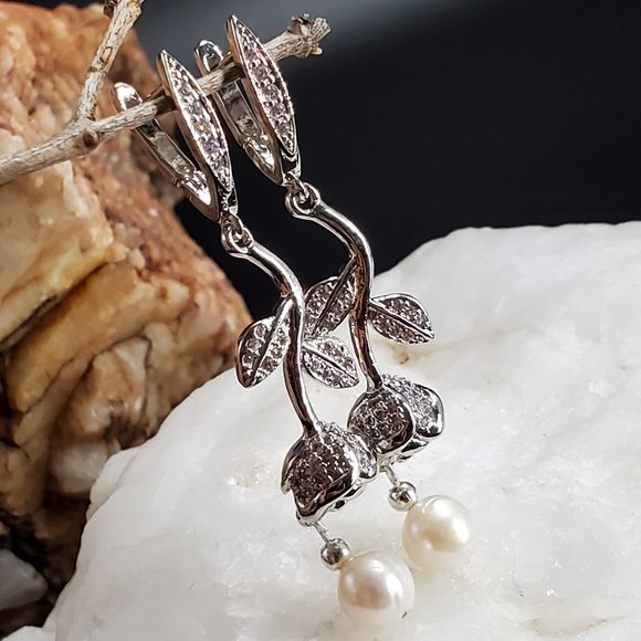 Platinum-plated Earrings White Topaz Natiral Pearl Floral Vintage Rose - Picture 2 of 7